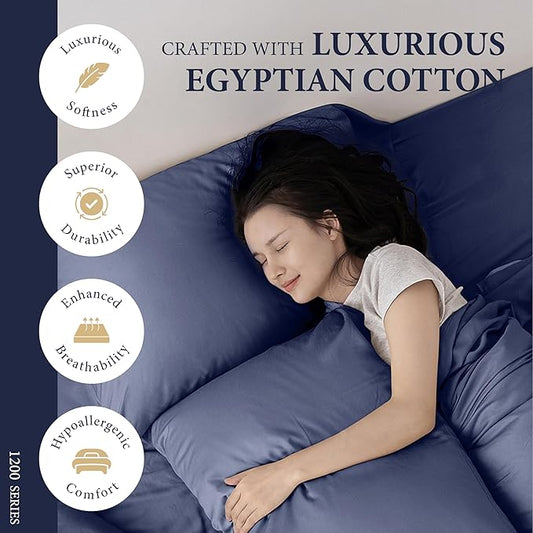 Ashton Sheets 100% Egyptian Cotton Sheets King Size - 1200 Thread Count King Size Sheets Set Egyptian Cotton, 4 PC Luxury Bedsheet (Navy Blue), Soft, Cooling, 17" Deep Pocket Sateen Weave Bedsheet Set