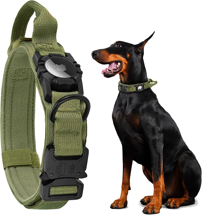 Tactical AirTag Dog Collar - Heavy Duty, Adjustable GPS Collar | Compatible with Apple AirTag, with Holder & Control Handle for Medium/Large Dogs [ Green, L ]