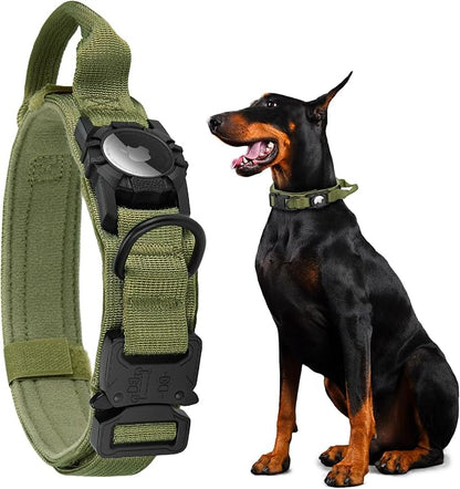 Tactical AirTag Dog Collar - Heavy Duty, Adjustable GPS Collar | Compatible with Apple AirTag, with Holder & Control Handle for Medium/Large Dogs [ Green, L ]