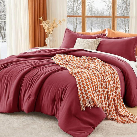 MUXHOMO King Size Comforter Set, All Season Ultra Soft Down Alternative Bedding - 3 Piece Lightweight Bed Set Includes 1 Comforter (104"x90") and 2 Pillow Shams (20"x36"), Burgundy Red