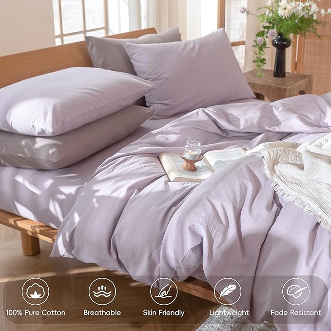 MooMee Bedding Pillowcases Pack of 2 100% Washed Cotton Linen Like Textured Breathable Durable Soft Comfy (Heathered Light Purple, King)