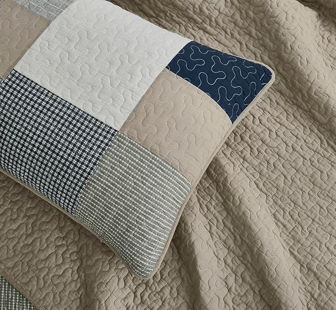 Chezmoi Collection Addy 3-Piece Navy Blue White Gray Taupe Plaid Patchwork Quilt Set - Pre-Washed Cotton Coverlet - Lightweight Reversible Bedspread, King Size