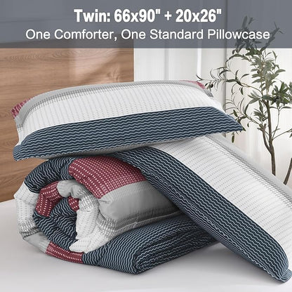 Litanika Comforter Set Twin/Twin XL Red Blue - 2 Pieces Lightweight Colorblock Stripe Fluffy Bedding Comforter Sets, All Season Bed Set