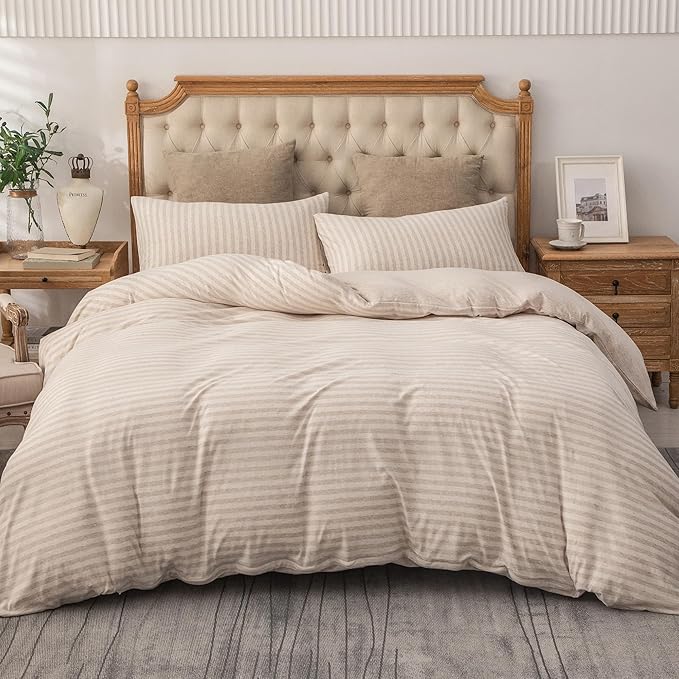 PURE ERA Jersey Knit 2pc Duvet Cover Set 100% T-Shirt Heather Cotton Super Soft Comfy Classic Striped Design, with Zipper Closure, Heather Beige Stripe, Twin