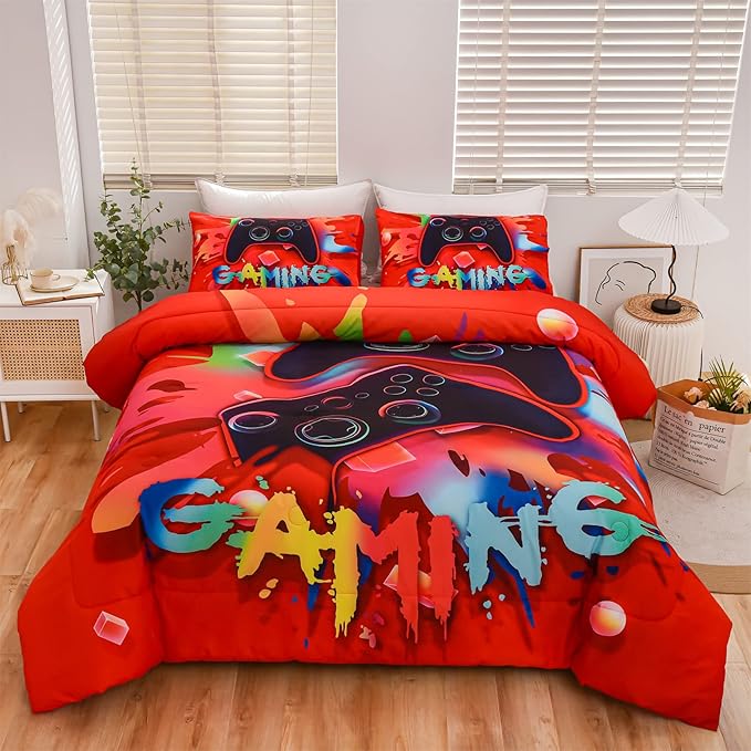 Aimuan Gaming Comforter Sets for Boys Kids Bedding Sets Video Games Console Action Buttons Novelty Colorful Game Gamepad Controller Modern Gamer Room Decor Home Quilt Set (Queen, Red)
