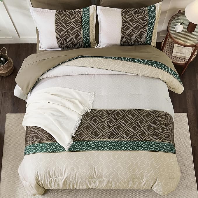 Dinjoy Queen Comforter Set Khaki Boho,7 Piece Bed in a Bag Queen Size Warm Striped Bedding Sets Comforters with Plaid Light Brown Bed Set with Sheets for Women Fall Winter