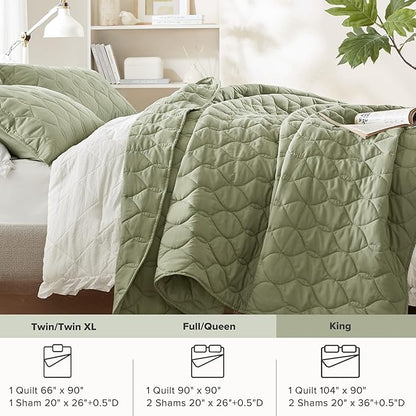 Comfort Spaces King Quilt Set Modern Reversible Ogee Coverlet King Bedding Set Cozy Quilted Winter Layer, All Season Lightweight Soft King Size Quilt, Kienna, Cal King Olive Green 3 Piece