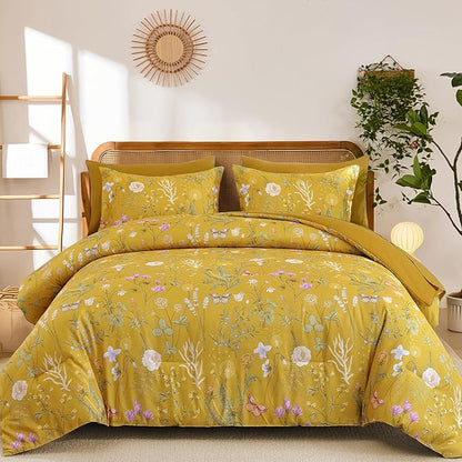 Yiran Queen Comforter Set, 7 Pieces Yellow Floral Soft Bedding Sets, Queen Bed in a Bag with Botanical Flowers All Season Comforter, Sheets, Pillowcases & Shams
