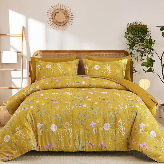 Yiran Queen Comforter Set, 7 Pieces Yellow Floral Soft Bedding Sets, Queen Bed in a Bag with Botanical Flowers All Season Comforter, Sheets, Pillowcases & Shams