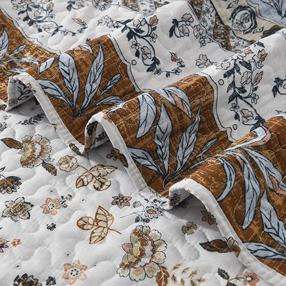 Boho Style Queen Quilt Set Mocha Brown Bohemian Floral Strip Quilt Beddding Set, Soft and Lightweight Bedspread for All Season, Full Size Bed Coverlet with 2 Matching Pillow Shams (3 Pieces)