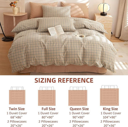 EAVD Retro Tan Gingham Duvet Cover Queen Khaki Brown Grid Plaid Bedding Set Soft 100% Washed Cotton Like Linen Feel Soft 3-Piece Brown Vintage Checkered Plaid Duvet Cover with Zipper Closure