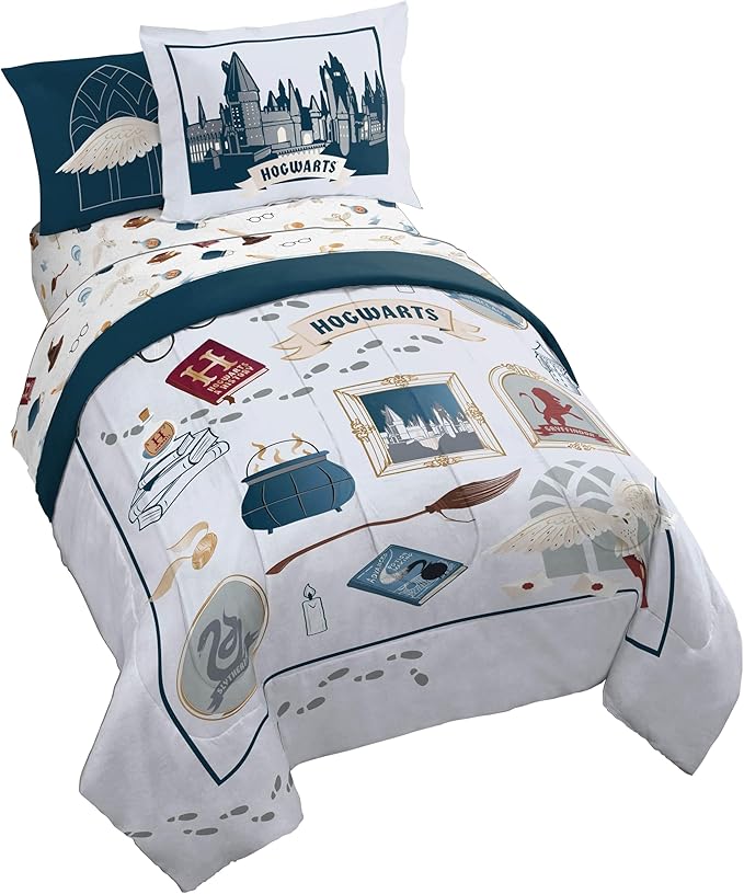 Jay Franco Kids Comforter Set Includes Sheets and Pillow Covers - Soft and Cozy Bed Set for Stylish Room Decor, Dark Grey - Harry Potter, 7 Piece Full Size Bedding