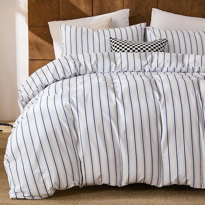 Merryword 100% Cotton Duvet Cover Set Queen Size, Blue and White Stripe Bedding Set, Soft Breathable Natural Cotton Duvet Cover with Pillowcases, Modern Coastal Style Bedding Set for All Seasons