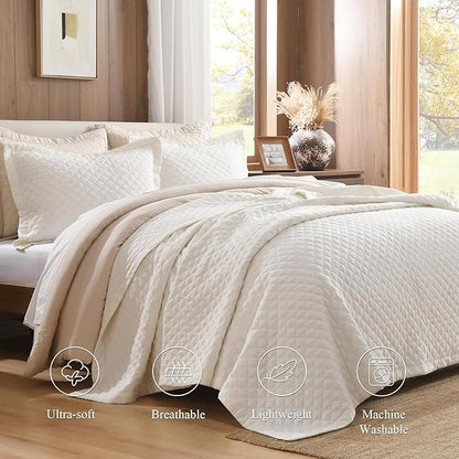 Grassix Linen Quilt Set King Size 3-Piece, 100% Linen Front & Cotton Back, Prewashed Diamond Stitch Bedspread with 2 Shams, Lightweight Breathable Quilt for Hot Sleepers, Modern Farmhouse Bedding