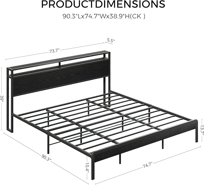 LIKIMIO California King Bed Frame with Headboard, Dark Wood Camas California King with Strong Supports, Sturdy, Noise-Free, No Box Spring Needed, Black