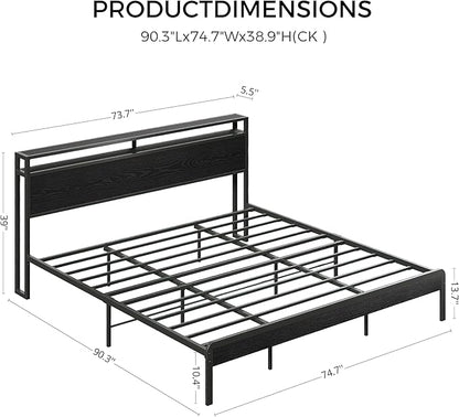 LIKIMIO California King Bed Frame with Headboard, Dark Wood Camas California King with Strong Supports, Sturdy, Noise-Free, No Box Spring Needed, Black