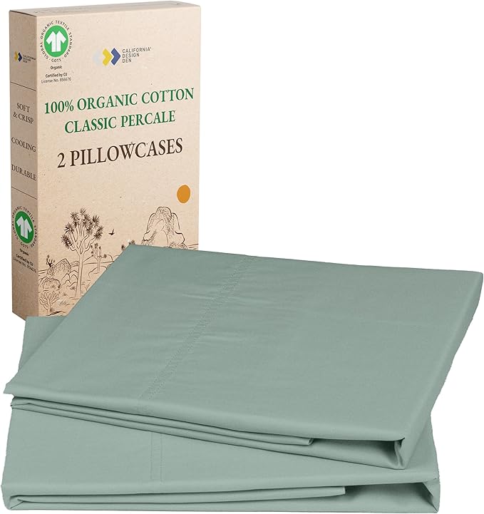 California Design Den King Pillow Cases Set of 2 - Soft 100% Organic Cotton, Crisp and Durable Percale Pillow Cases with Envelope Closure - Sage Green