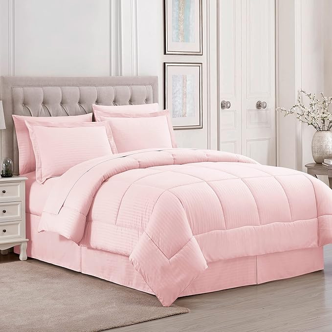 King Size Comforter Set 8 Piece Bed in a Bag with Bed Skirt, Fitted Sheet, Flat Sheet, 2 Pillowcases, 2 Pillow Shams, King, Dobby Pale Pink