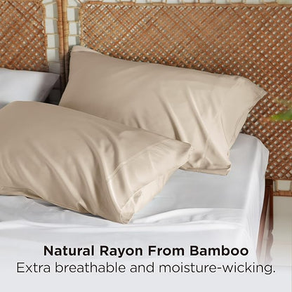 Bedsure Pillow Cases Queen, Cooling Pillow Cases, Rayon Derived from Bamboo Beige Pillowcases Queen Size Set of 2, PureWoven Silky Soft Bedding Pillow Covers with Envelope Closure, 20x30 Inches
