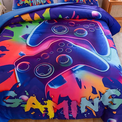 Aimuan Gamer Gaming Bedding Sets 3D Gamepad Comforter Sets for Boys Games Console Action Buttons Novelty Colorful Game Controller Modern Room Decor Home Quilt Set (Queen, Purple)