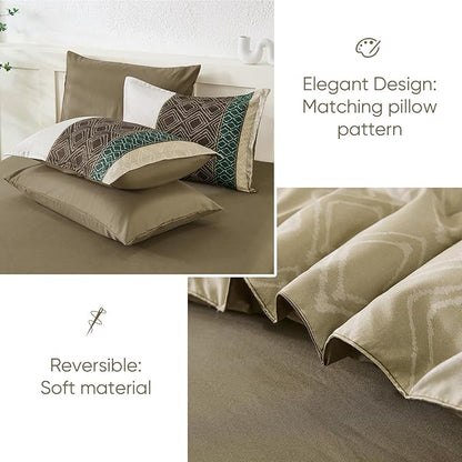 Dinjoy Queen Comforter Set Khaki Boho,7 Piece Bed in a Bag Queen Size Warm Striped Bedding Sets Comforters with Plaid Light Brown Bed Set with Sheets for Women Fall Winter