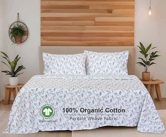 RUVANTI 100% Organic Cotton Sheets Queen Size, Percale Weave, GOTS Certified, 4-Piece Set, Deep Pocket 15", Crisp & Breathable, Soft Durable Bedding, Sábanas Algodón Orgánico – Vine Yard
