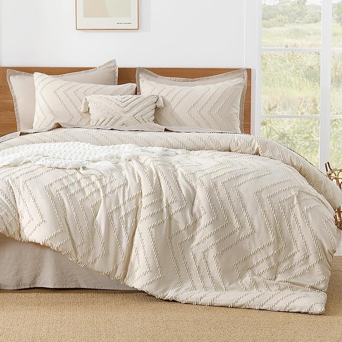 Litanika Twin/Twin XL Comforter Set, 2 Pieces Boho Chevron Tufted Bedding Comforter Set, All Season Bed Set Beige