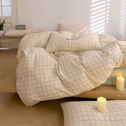 Beige Plaid Duvet Cover Set Queen 100% Muslin Cotton Vintage Plaid Checkered Comforter Cover with 2 Pillowcases Breathable Gauze Duvet Cover Beige Green Grid Farmhouse Gingham Bedding Set Queen