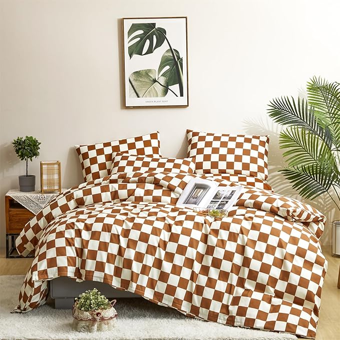 CLOTHKNOW Brown Plaid Queen Comforter Set Grid Bedding Comforter Sets Soft Caramel Queen Comforter Checker with 2 x Pillow Cases