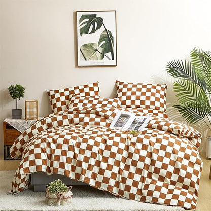 CLOTHKNOW Brown Plaid Queen Comforter Set Grid Bedding Comforter Sets Soft Caramel Queen Comforter Checker with 2 x Pillow Cases