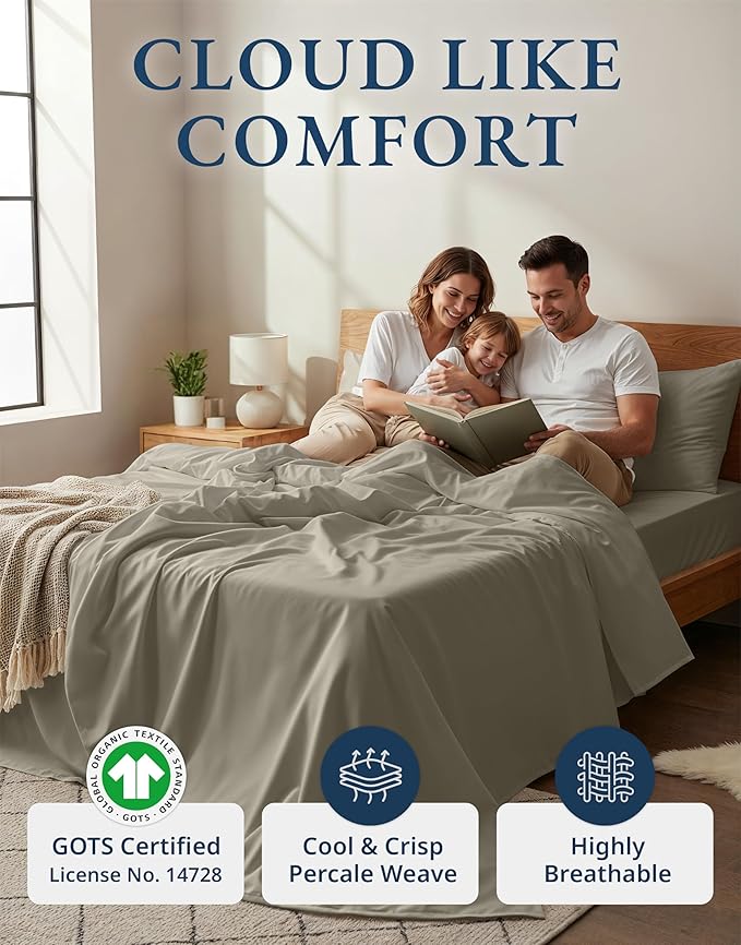 LANE LINEN 100% Organic Cotton California King Sheets Set, Fully Elasticized Reinforsed Seams in Fitted Pocket, Machine Washable Naturally Cooling All Season Cal King Sheet- Silver