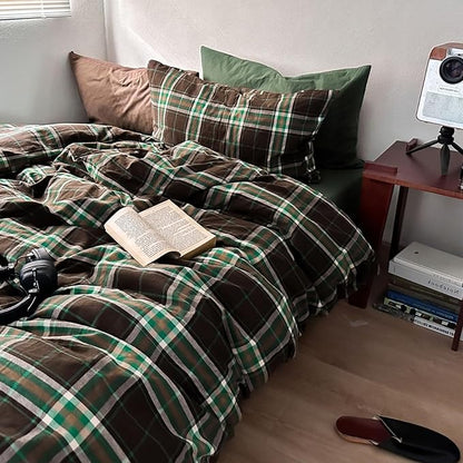 Brown & Green Buffalo Plaid Duvet Cover Set Twin 3 Piece Vintage Checkered Grid Bedding Set 100% Washed Cotton Plaid Comforter Cover Farmhouse Grid Pattern Breathable Duvet Cover with 2 Pillowcases