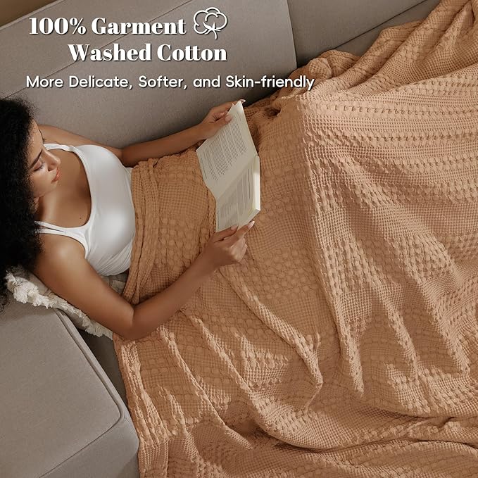 PHF 100% Cotton Waffle Weave Blanket Twin Size for Bed, Soft Lightweight & Breathable for Spring and Summer, All-Season Comfort, Luxury Aesthetic Blanket for Home Decor, 66"x90", Clay