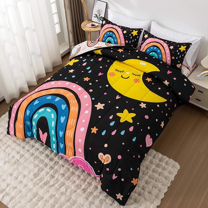 Btargot Lightweight Soft 3 Piece Rainbow Comforter Set with 2 Pillow Covers, Cartoon Love Hearts Flowers and Sun Moon Star Bedding Set for Girls Boys Kids, Twin Black