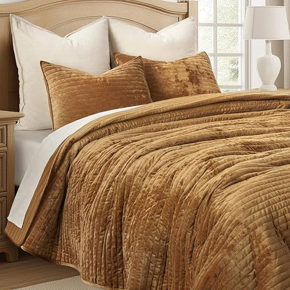 EVERGRACE Velvet Quilt Set Queen Size, Luxurious Soft Striped Channel Bedding Set, Lightweight Velvet Comforter for All Season, Oversized Bedspread Coverlet with 2 Matching Shams, Gold Yellow