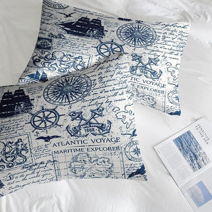 Comforter Set King Size, Nautical Anchor Sailor Grey 7 Pcs Bedding for Kids and Adults, Ocean Vintage Sea Bed Sheet Sets with Fitted Sheet 2 Pillowcases & 2 Shams for Bedroom Bed Decor