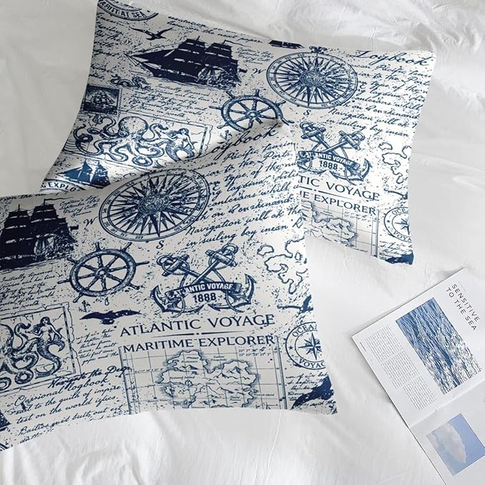 Comforter Set Twin Size, Nautical Anchor Sailor Grey 5 Pcs Bedding for Kids and Adults, Ocean Vintage Sea Bed Sheet Sets with Fitted Sheet Pillowcase & Sham for Bedroom Bed Decor