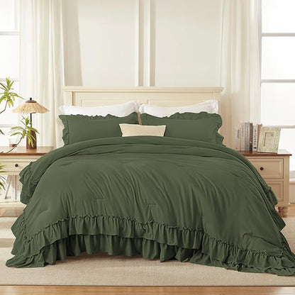 Andency Olive Green King Comforter Set (104x90Inch), 3 Pieces Ruffle Comforter Set with 2 Pillowcases, Farmhouse Shabby Chic Lightweight Fluffy Soft Polyester All Season Bed Set