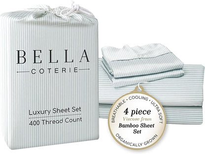 Bella Coterie Luxury Bamboo Viscose Queen Size Sheet Set | 100% Organically Grown | Ultra Soft | Cooling for Hot Sleepers | 18" Deep Pocket [Striped Coastal Blue]
