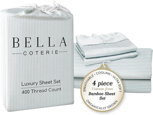 Bella Coterie Luxury Bamboo Viscose Queen Size Sheet Set | 100% Organically Grown | Ultra Soft | Cooling for Hot Sleepers | 18" Deep Pocket [Striped Coastal Blue]