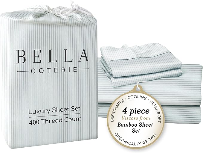 Bella Coterie Luxury Bamboo Viscose King Size Sheet Set | 100% Organically Grown | Ultra Soft | Cooling for Hot Sleepers | 18" Deep Pocket [Striped Coastal Blue]