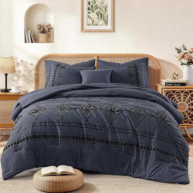 MaiRêve King Size Comforter Set Crown Blue, Embroidery Floral Western Boho Bedding Set, All Season 7 Pieces Bed in a Bag with Sheets, Pillowcases & Shams
