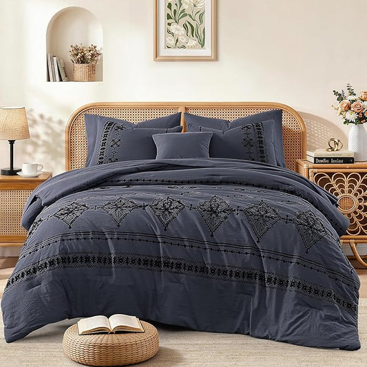 MaiRêve Queen Size Comforter Set Crown Blue, Embroidery Floral Western Boho Bedding Set, All Season 7 Pieces Bed in a Bag with Sheets, Pillowcases & Shams