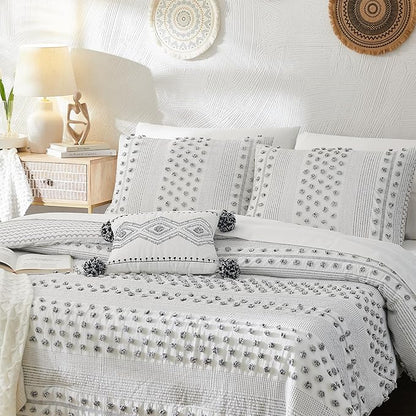Geniospin Full Comforter Set 7 Pieces, Bed in A Bag with Comforter, Sheets, Pillowcases & Shams, Pom Tufted Design, All Season Down Alternative Bedding Sets