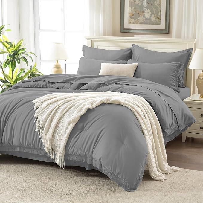Andency King Size Comforter Set with Sheets Medium Grey - 7 Pieces Bed in a Bag Boho Soft Lightweight Bedding Sets, Tassel Bed Set with Comforter, Sheets, Pillowcases & Shams