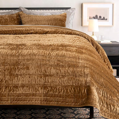 EVERGRACE Luxury Ruched Velvet Quilt Queen Size, Ultra Soft Bedspread Coverlet Set, Lightweight Velvet Comforter, Quilted Bedding Cover with 2 Matching Shams for All Season, Gold Yellow