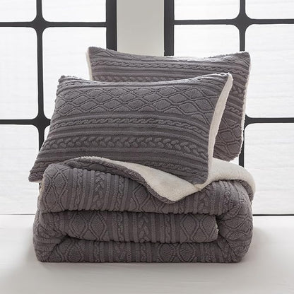 COTTEBED Reversible Sherpa Fluffy Comforter Queen Set, Boho Tufted Bedding Down Blanket Comforter Set, Ultra-Soft Washed Cotton Shabby Plush Fleece Sherpa Thick Warm for Winter Autumn, Grey Full Queen