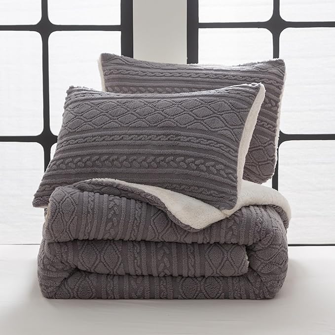 COTTEBED Sherpa Fluffy Comforter Sets King Size, Boho Tufted Bedding Down Blanket Comforter, Super Soft Polycotton Shabby Plush Fleece Sherpa Warm Medium Weight All Season Winter, Gray King/Cal King