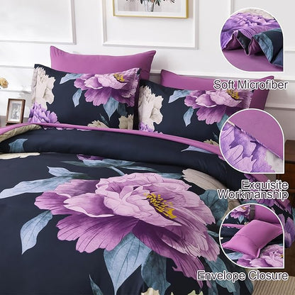 Dobuyly Dark Purple Comforter Set Queen 7 Piece Bed in a Bag, Elegant Floral Comforter Set with Sheets, Soft Microfiber Botanical Flower Bedding Set for All Season