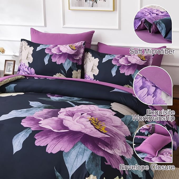 Dobuyly King Size Comforter Set Dark Purple 7 Piece Bed in a Bag, Elegant Floral Comforter Set with Sheets, Soft Microfiber Botanical Flower Bedding Set for All Season